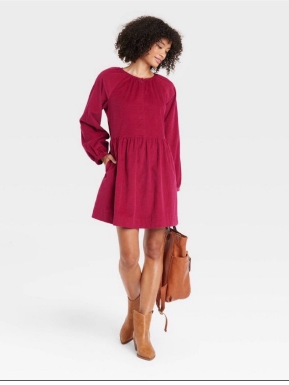 Universal Thread Burgundy Long-Sleeve Babydoll Mini Dress